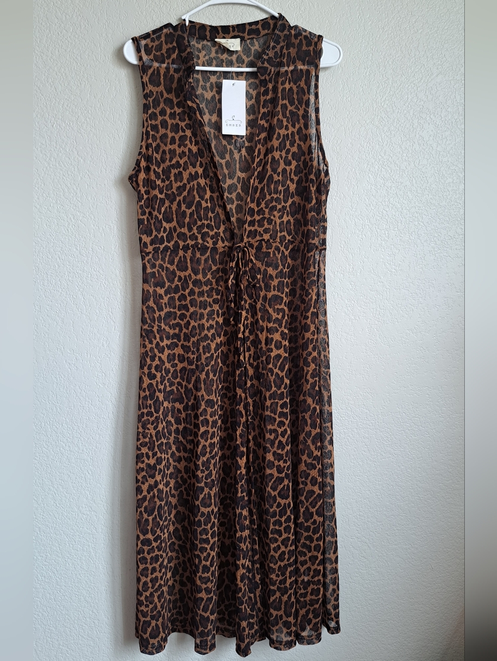 Ember Sheer Leapord Print Long Lined Sleeveless Duster Vest Coverup Size XL NWT